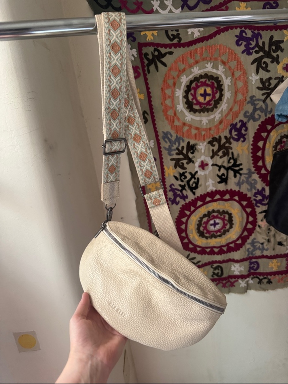 Cream Leather Crossbody Belt Bag with Patterned Strap